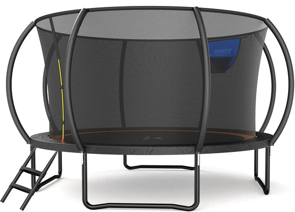 MERACH 14FT Pumpkin Outdoor Trampoline with Safety Enclosure Net, Basketball Hoop & Ladder, Heavy Duty Backyard.