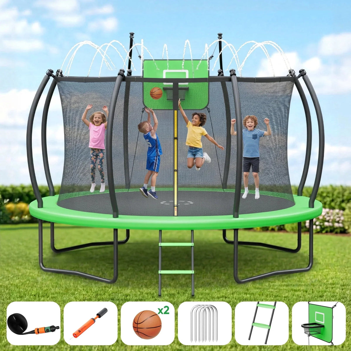 Outdoor Trampoline,Fashionsport Outfitters 8FT/12FT/14FT/16FT Round Jumping Trampoline with Ladder,Sprinkler,Basketball.