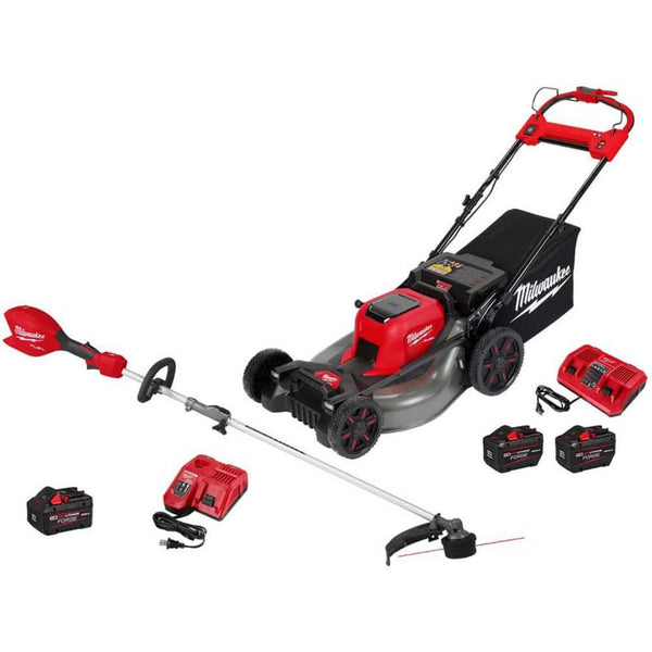 Milwaukee M18 FUEL 18V 21 in. Brushless Cordless Dual Battery Self-Propelled Mower w/ String Trimmer, (3) Batteries.