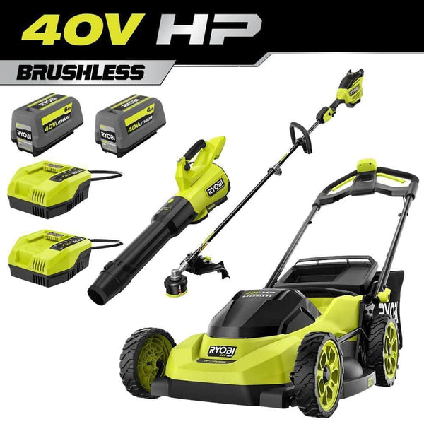 RYOBI 40V HP Brushless 20 in. Cordless Battery Walk Behind Push Mower, Blower & String Trimmer w/ (2) Batteries & (2).
