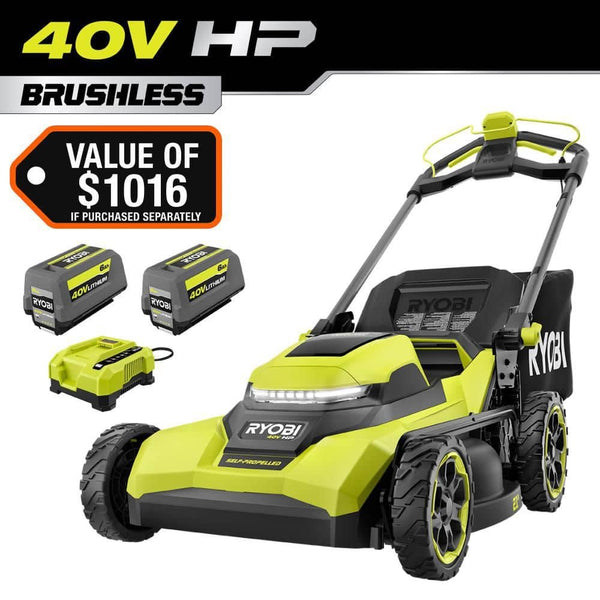 RYOBI 40V HP Brushless 21 in. Cordless Battery Walk Behind Self-Propelled Lawn Mower with (2) 6.0 Ah Batteries and.
