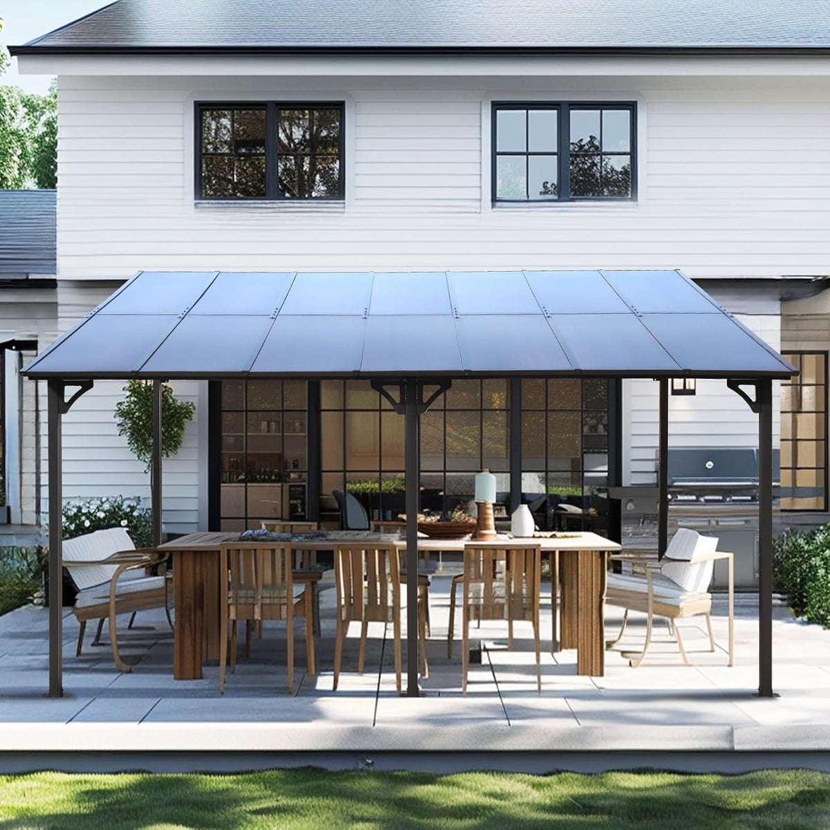 10×14 FT Outdoor Metal Flexible Top Lean to Gazebo Pergola with Sloped Roof, Heavy Duty Wall-Mounted Patio Awnings with.