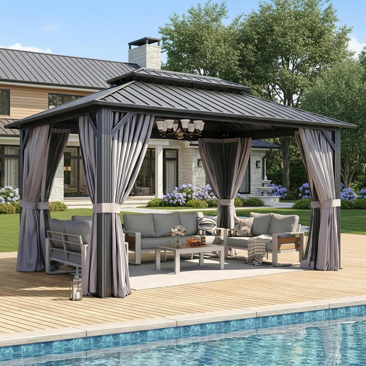 Gazebo 10×14 Hardtop Gazebo with Double Galvanized Steel Roof, Gray | Metal Frame Outdoor Pavilion with Breathable.