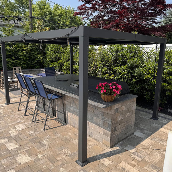 Louvered Pergola 10' x 14' Aluminum Pergola w/Independent Roof | 70 mph for stability, Reinforced beams add strength.