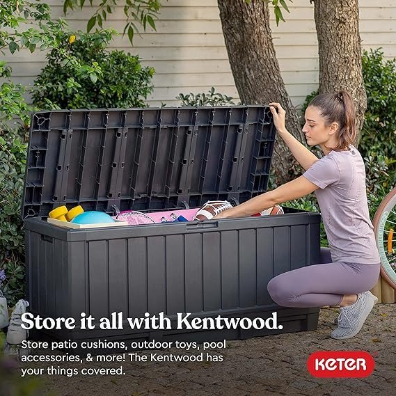 PatioZen 100 Gallon Resin Deck Box, Lockable Patio Outdoor Storage Box for Furniture, Garden Tools and Tools Storage.