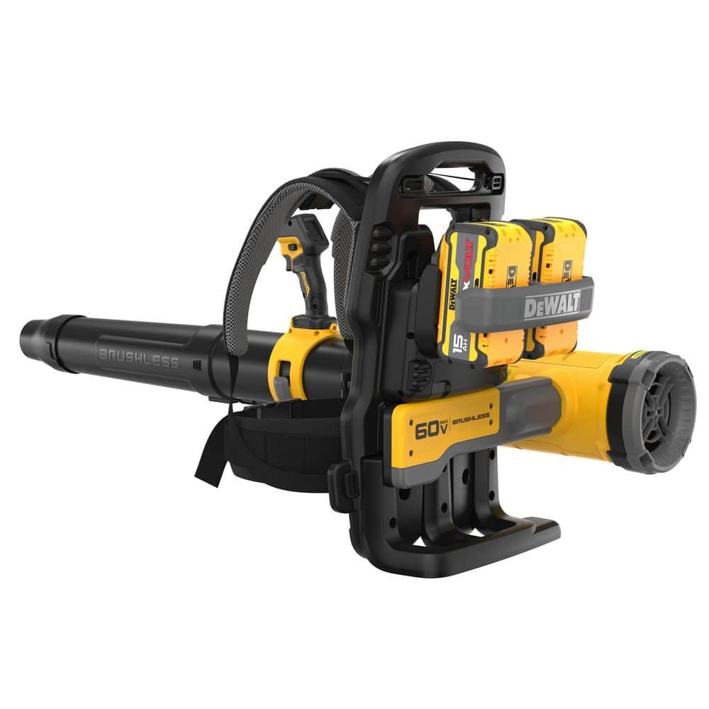 DEWALT FLEXVOLT 60V MAX 855 CFM 160 MPH Cordless Battery Powered Backpack Blower with (2) 5.0 Ah Batteries and Chargers.