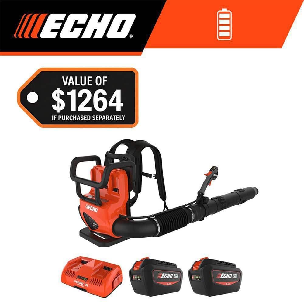 ECHO 56V 195 MPH 795 CFM Cordless Battery Backpack Blower w/Tube Throttle and (2) 5.0Ah Batteries and Dual Port Charger.