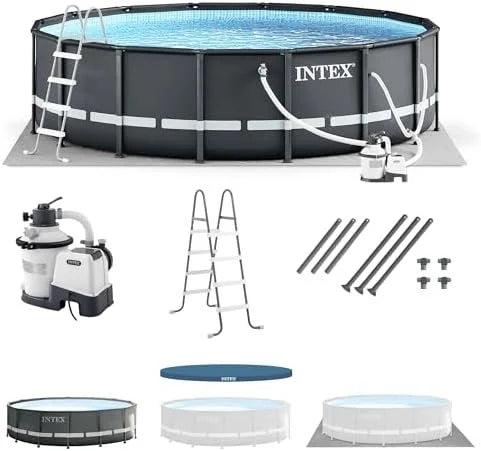 Intex Ultra XTR Frame 14' x 42" Round Above Ground Outdoor Swimming Pool Set with Sand Filter Pump, Ladder, Ground.