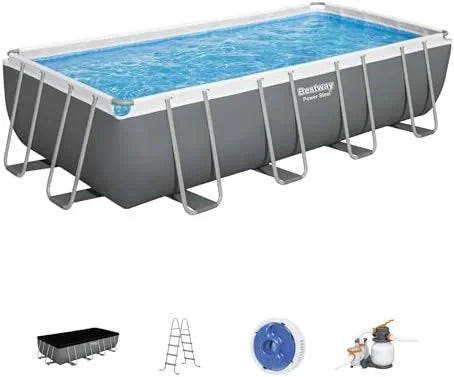 Bestway Power Steel 18' x 9' x 48" Rectangular Metal Frame Above Ground Outdoor Swimming Pool Set with 1,500 GPH Filter.