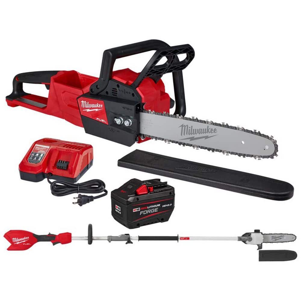 Milwaukee M18 FUEL 18V 16 in. Brushless Cordless Battery Powered Chainsaw Kit w/ Pole Saw, 12.0 Ah Battery and Rapid.
