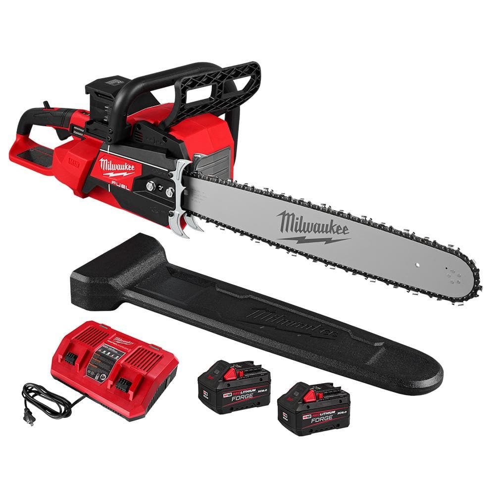 Milwaukee M18 FUEL 18V Brushless Cordless 20 in. Dual Battery Chainsaw Kit with (2) 8.0 Ah FORGE Batteries, Dual Bay.