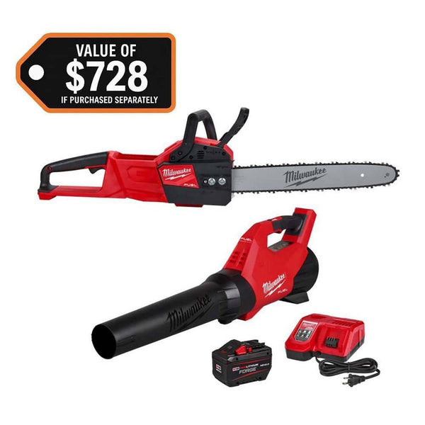 Milwaukee M18 FUEL 120 MPH 500 CFM 18V Brushless Cordless Battery Powered Blower Kit w/ 16 in. Chainsaw, 12.0 Ah.