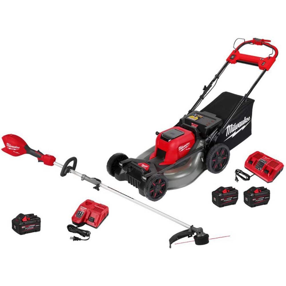 Milwaukee M18 FUEL 18V 21 in. Brushless Cordless Dual Battery Self-Propelled Mower w/ String Trimmer, (3) Batteries.