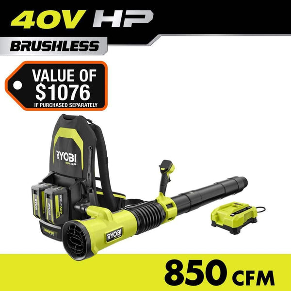 RYOBI 40V HP Brushless Whisper Series 180 MPH 850 CFM Cordless Battery Backpack Leaf Blower with 8.0 Ah Battery and.