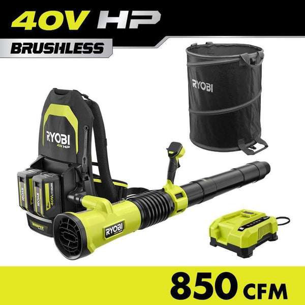 RYOBI 40V HP Brushless 850 CFM Whisper Series Blower with (2) 8.0 Ah Batteries, Rapid Charger and Lawn and Leaf Bag.
