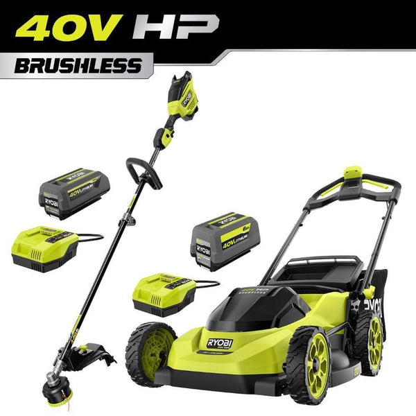 RYOBI 40V HP Brushless 20" Cordless Battery Walk Behind Push Lawn Mower w/ 40V 17" String Trimmer, (2) Batteries &.