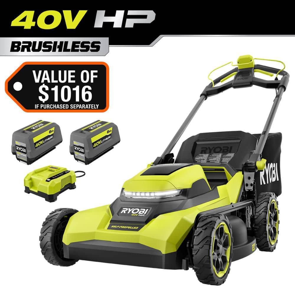 RYOBI 40V HP Brushless 21 in. Cordless Battery Walk Behind Self-Propelled Lawn Mower with (2) 6.0 Ah Batteries and.