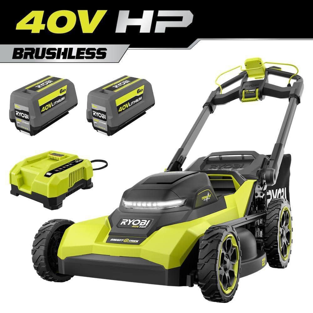 RYOBI 40V HP Brushless 21 in.Cordless Walk Behind Multi-Blade Self-Propelled Lawn Mower w/ (2) 6.0Ah Batteries and.