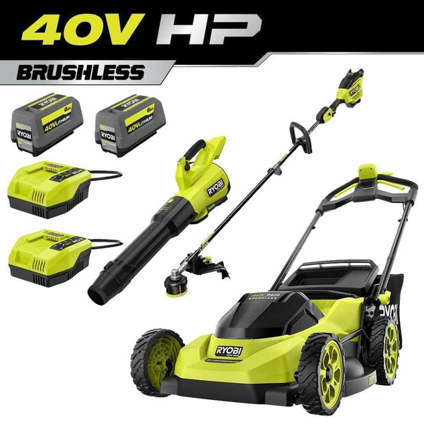 RYOBI 40V HP Brushless 20" Cordless Battery Walk Behind Self-Propelled Mower, w/ String Trimmer, Blower, Batteries &.
