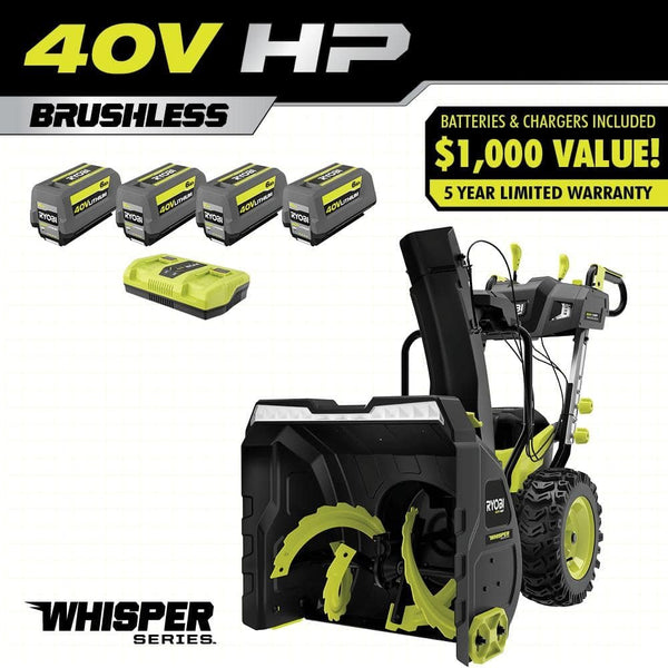 RYOBI 40V HP Brushless Whisper Series 24" 2-Stage Cordless Electric Self-Propelled Snow Blower – (4) 6 Ah Batteries &.