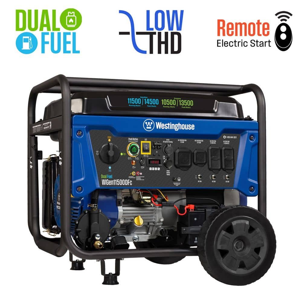 Westinghouse 14,500/11,500-Watt Remote Electric Start Dual Fuel Gas and Propane Portable Generator w/ Low THD, 50A.