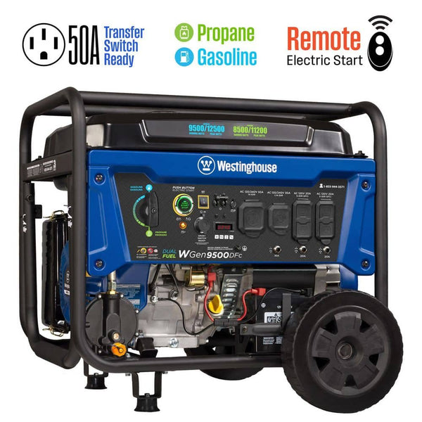 Westinghouse 12,500/9,500-Watt Remote Electric Start Dual Fuel Gas and Propane Powered Portable Generator w/ 50 Amp.